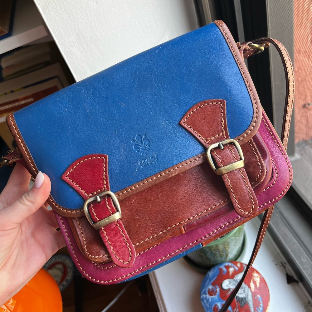 Handmade Florencia multicolor leather satchel - blue, brown, and pink